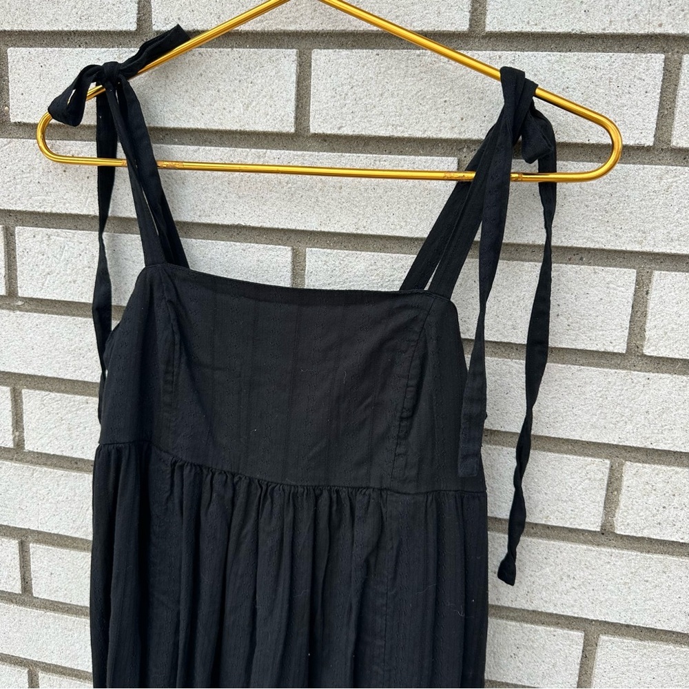 Old Navy Black Dobby Tie Shoulder Midi Dress Pockets Cotton S Coastal Boho - Picture 5 of 13